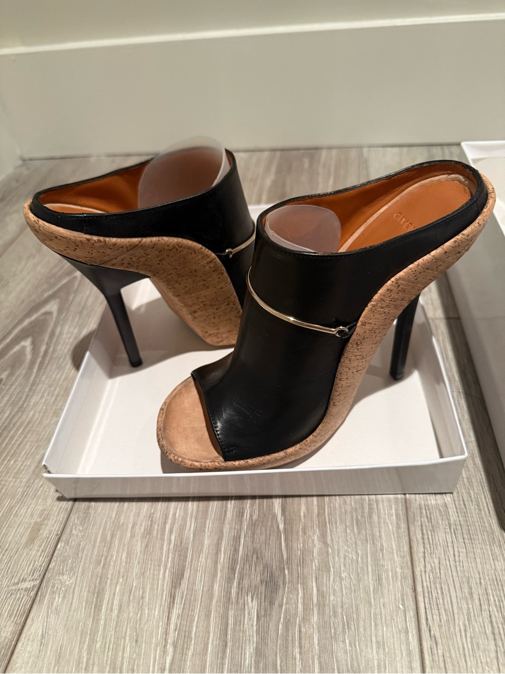 Givenchy Black Leather Cork Platform Mule Heels with Gold Accent